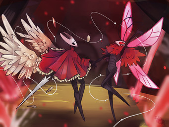2_horns ambiguous_gender anthro biped black_body black_eyes cloak clothed clothing dancing duo empty_eyes feathered_wings feathers fingers holding_melee_weapon holding_object holding_weapon horn insect_wings melee_weapon neck_tuft pink_wings red_eyes spread_wings standing thread tuft weapon white_wings wings ssleepyflowers hollow_knight:_silksong hollow_knight_(franchise) team_cherry hornet_(hollow_knight) trobbio_(hollow_knight:_silksong) arachnid arthropod butterfly humanoid insect lepidopteran spider 2026 4:3 female_(lore) male_(lore)