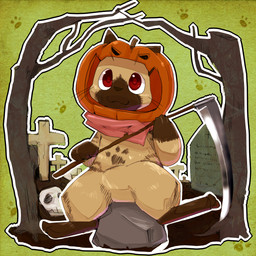 ambiguous_gender anthro belly belly_markings biped cemetery clothing costume cross food footprint fruit grave holidays markings melee_weapon outside pawprint pawprint_(marking) plant polearm pumpkin red_eyes rock scythe sitting solo tombstone tree weapon wood masshiro capcom halloween monster_hunter felid felyne lynian mammal 1:1 2012