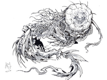 4_eyes ambiguous_gender feral frill_(anatomy) light_body looking_at_viewer mouth_closed multi_eye neck_frill overbite simple_background solo tail tail_frill unusual_anatomy white_background chiayeeee aquatic unknown_species 2018 dated digital_drawing_(artwork) digital_media_(artwork) full-length_portrait greyscale hi_res monochrome portrait signature