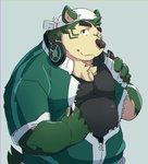 anthro black_nose clothing electronics fur green_body green_fur headphones kemono male overweight overweight_anthro overweight_male simple_background solo undressing train_(artist) lifewonders live_a_hero mokdai canid canine canis domestic_dog mammal 2020 hi_res