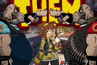 1_eye angry anthro bald beard belt big_fingers blue_clothing bodily_fluids brown_hair bullet clothing cross-popping_vein eyebrows eyewear eyewear_on_head facial_hair female fingerless_gloves fist gesture gloves goggles goggles_on_head group hair hand_gesture handwear light-skinned_male male muscular muscular_arms open_mouth overweight overweight_male pointing pointing_at_another raised_eyebrow red_clothing saliva screaming short_hair size_difference smaller_female trio video_game_background whiskers wide_hips yellow_clothing gojiboy9 gameoverse glitch_productions team_fortress_2 valve heavy_(team_fortress_2) kaboodle_(gameoverse) kit_bodega domestic_cat felid feline felis human mammal absurd_res crossover hi_res