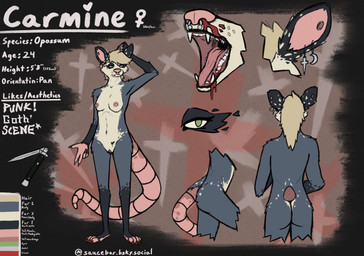 anthro areola bangs barbell_piercing blood blue_body blue_fur bodily_fluids breasts butt colored_nails ear_piercing eyelashes facial_piercing fangs female fur genitals green_eyes hole_in_ear knife long_eyelashes nails nipple_piercing nipples nose_piercing nude open_mouth piercing septum_piercing skinny solo teeth text tuft vulva waschbar carmine_mcscarra american_opossum mammal marsupial absurd_res english_text hi_res model_sheet