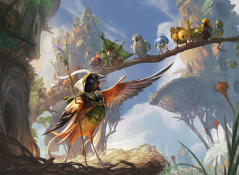 ambiguous_gender anthro beak bird_nest black_body blue_body blue_feathers brown_body brown_fur cloud day feathers feral flower fur glider group holding_object holding_staff leaf_clothing orange_body orange_feathers outside plant staff standing stick_nest yellow_body yellow_feathers henry_peters hasbro magic:_the_gathering wizards_of_the_coast avian bird mammal mouse murid murine rodent hi_res official_art