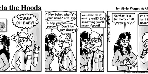 angry anthro breasts clothed clothed_female clothed_male clothing dialogue duo eyewear female fur glasses hair male male/female necktie text style_wager dela_the_hooda sue_chan_(dela_the_hooda) canid canine canis human mammal wolf 2001 comic english_text greyscale monochrome