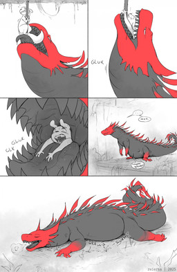 ambiguous_gender burp_cloud burping death digestion digestion_noises duo fatal_vore feet_first feral oral_vore scared skull_symbol text vore eluven rain_world videocult survivor_(rain_world) lizard_(rain_world) red_lizard_(rain_world) slugcat 2025 colored_sketch comic english_text hi_res sketch