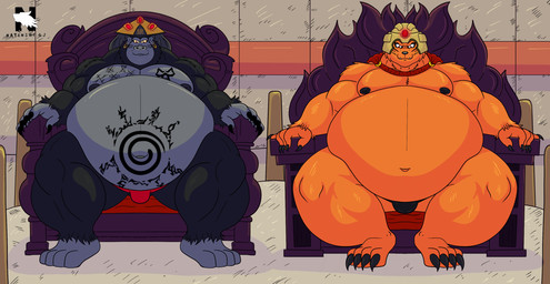 anthro armor belly big_belly black_body black_fur bulge cape chair clothing duo ear_piercing ear_ring fur furniture headgear helmet huge_belly jockstrap male moobs musclegut muscular navel nipples obese orange_body orange_fur overweight piercing ring_piercing sitting tattoo throne underwear zangokunatenshi dc_comics naruto gorilla_grodd kurama ape canid canine fox gorilla haplorhine mammal primate crossover hi_res