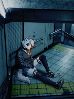 anthro blue_eyes bottomwear breasts cigarette clothed clothing denim denim_bottomwear denim_clothing denim_shorts female fingers footwear fur hair latex latex_clothing latex_legwear latex_stockings legwear sad shoes shorts smoke smoking smoking_cigarette sneakers solo stockings tail thigh_highs topwear white_body white_fur kawasakiwind lyubov_karpova canid canine mammal 3:4 digital_drawing_(artwork) digital_media_(artwork) hi_res