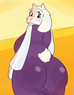 anthro big_breasts big_butt black_eyes blush blush_lines breasts butt clothed clothed_anthro clothed_female clothing curvy_figure dress eyebrows eyelashes female floppy_ears fully_clothed fully_clothed_anthro fully_clothed_female fur horn huge_butt looking_at_viewer looking_back looking_back_at_viewer lop_ears mature_anthro mature_female mouth_closed presenting presenting_hindquarters purple_clothing purple_dress scut_tail short_tail slightly_chubby slightly_chubby_female smile snout standing tail text thick_thighs tight_clothing tight_dress voluptuous voluptuous_anthro voluptuous_female white_body white_fur wide_hips bunnelbake deltarune undertale_(series) toriel boss_monster_(undertale) bovid caprine goat mammal artist_name tagme watermark