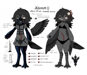 accessory anthro armwear beak bird_legs black_body black_bra black_clothing black_collar black_eyes black_feathers black_gloves black_handwear black_harness black_legband black_legwear black_mask black_panties black_tail black_thigh_highs black_underwear blind_eye bra bracelet claws clothed clothed_anthro clothed_female clothing collar dildo elbow_gloves eye_scar eyeball facial_scar feathered_tail feathers female female_anthro gloves grey_beak grey_body grey_claws grey_feathers grey_hair grey_scutes hair hair_accessory handwear harness heterochromia jewelry knife latex latex_clothing latex_gloves latex_handwear latex_legwear latex_mask latex_thigh_highs legband legwear mask mouth_mask navel panties pubes red_scar scar scutes sex_toy smile solo spiked_bracelet spiked_collar spikes standing strapon tail text thigh_highs toe_claws underwear white_eyes winged_arms wings yellow_sclera zipper zipper_mouth jejejunum jejunum_(jejejunum) ambient_arthropod ambient_fly ambient_insect avian bird corvid corvus_(genus) crow oscine passerine 2025 digital_drawing_(artwork) digital_media_(artwork) english_text full-length_portrait hi_res model_sheet portrait