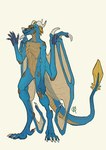 anthro blue_body blue_scales claws horn membrane_(anatomy) membranous_wings muscular outline raised_hand scales simple_background solo spikes spikes_(anatomy) tail wings yellow_body yellow_scales ponynok mythology dragon mythological_creature mythological_scalie scalie flat_colors full-length_portrait hi_res portrait