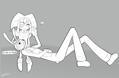 4_fingers annoyed anthro arm_tuft blush chest_tuft duo elbow_tuft eye_contact female fingers larger_male looking_at_another lying male on_back one_eye_closed playing_with_hair size_difference smaller_female smug_grin teasing tuft zestyzoma glitch_productions the_amazing_digital_circus jax_(tadc) pomni_(tadc) humanoid lagomorph leporid mammal rabbit monochrome