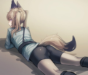 black_body black_fur blonde_hair brown_eyes butt camel_toe clothed clothing female fluffy fluffy_tail fur hair inner_ear_fluff looking_at_viewer looking_back lying pigtails simple_background solo tail tan_body tan_fur tuft deadflow animal_humanoid canid canid_humanoid canine canine_humanoid fox_humanoid humanoid mammal mammal_humanoid 2015