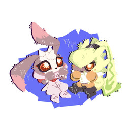 anthro bottomwear brown_body brown_fur chibi clothing duo fur gloves handwear horn long_ears male orange_eyes pants ponytail_ears red_eyes yellow_body yellow_fur yagi_kiki bandai_namco digimon antylamon digimon_(species) lagomorph leporid mammal rabbit symbareangoramon 1:1