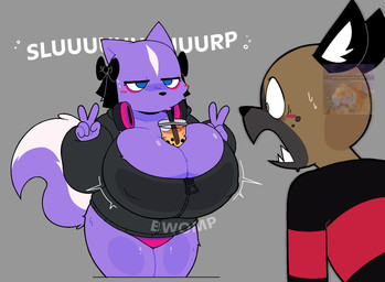 anthro beverage_between_breasts big_breasts blue_eyes blush breasts clothed clothing container cup duo electronics female fluffy fluffy_tail fur gesture hand_gesture headgear headphones headset hoodie huge_breasts inner_ear_fluff male multicolored_body multicolored_fur open_mouth panties purple_body purple_fur slurping tail topwear tuft two_tone_body two_tone_fur underwear v_sign aggretsuko hands-free_bubble_tea sanrio haida_(aggretsuko) shikabane_(aggretsuko) felid hyena mammal mephitid pantherine skunk spotted_hyena tiger hi_res meme