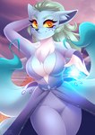 anthro anthrofied blurred_background breasts chest_tuft cleavage clothed clothing cosplay dress female hand_behind_head magic pokemorph smile solo tuft yellow_eyes yellow_sclera dannyckoo tresertf disney frozen_(disney) nintendo pokemon elsa_(frozen) alolan_form alolan_ninetales canid generation_7_pokemon mammal pokemon_(species) regional_form_(pokemon) 2020 hi_res