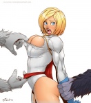 big_breasts blonde_hair blue_eyes breast_squish breasts cleavage cleavage_cutout clothed clothing clothing_pull cutout female forced fur glistening grey_body group hair hand_holding huge_breasts human_focus lips muscular muscular_female not_furry_focus open_mouth red_lips short_hair side_view solo_focus squish standing tight_clothing flick-the-thief dc_comics power_girl human mammal primate 2012