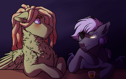 alcohol alternate_universe beverage blush dreadlocks duo eye_patch eyewear fangs feral glowing glowing_eyes male simple_background teeth whiskey lopoddity hasbro my_little_pony pandoraverse_(lopoddity) chakra_blossom_(lopoddity) fan_character nocturnus_(lopoddity) bat_pony equid equine horse mammal pony 2016 story story_in_description