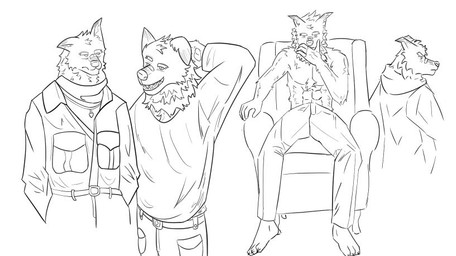 anthro clothed clothing fur male male/male muscular simple_background smile solo melioo canid canine canis mammal wolf monochrome