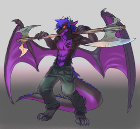abs anthro axe bat_wings battle_axe blue_body blue_fur claws clothed clothing double_bitted_axe fur grey_background hair horn male mane melee_weapon membrane_(anatomy) membranous_wings red_eyes simple_background solo standing tail weapon wing_claws wings kardie mythology quil dragon mythological_creature mythological_scalie scalie