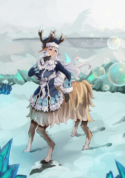 animal_ears antlers blue_clothing blue_eyes blue_jacket blue_topwear brown_body brown_fur clothed clothed_female clothed_taur clothing cloven_hooves eyelashes female fur hair hat headgear headwear hooves horn jacket light_body light_skin long_hair outside quadruped snow solo topwear white_hair lamiacircle white_horn_(mge) deer deer_taur humanoid_taur mammal mammal_taur taur hi_res