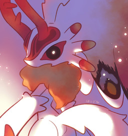 ambiguous_gender anthro antlers biped black_sclera chest_tuft countershading digitigrade fluffy fluffy_tail fur head_wings horn huge_wings looking_at_viewer looking_back looking_back_at_viewer mouthless multicolored_body multicolored_fur neck_tuft pupils rear_view red_body red_fur simple_background solo tail tan_body tan_fur three-quarter_view tuft unusual_wing_placement white_background white_body white_fur white_pupils wings hakobune kirby_(series) kirby_and_the_forgotten_land nintendo chaos_elfilis alien chinchilla chinchillid mammal rodent starling_(kirby) 2022 digital_drawing_(artwork) digital_media_(artwork) hi_res portrait signature three-quarter_portrait