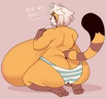 ahoge anthro big_breasts big_butt black_body black_fur breasts brown_body brown_fur butt clothing dialogue facial_markings female fur hair head_markings huge_breasts huge_butt huge_thighs hyper hyper_breasts kneeling looking_at_viewer looking_back looking_back_at_viewer markings multicolored_body multicolored_fur orange_body orange_fur panties rear_view red_eyes solo speech_bubble striped_markings striped_tail stripes tail tail_markings text thick_thighs underwear white_body white_fur white_hair low_res_art kiki_(low_res_art) ailurid mammal red_panda hi_res