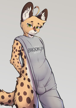 ahoge anthro big_ears brown_body brown_fur bulge bulge_through_clothing circle_eyebrows clothing countershading ear_markings eye_markings eyebrows from_front_position fur green_eyes grey_clothing hair hands_behind_back head_tuft inner_ear_fluff logo_on_clothing looking_at_viewer male markings simple_background solo spots spotted_body spotted_fur sweater tail tan_body tan_fur topwear tuft yellow_body yellow_fur thelonearch brooklyn_sweater arch_(thelonearch) felid feline mammal serval absurd_res hi_res shaded