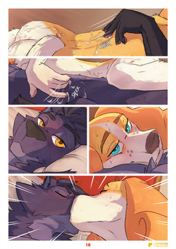 after_sex anthro anthrofied bed bedroom_eyes black_body bodily_fluids butt cuddling cum cum_on_back cum_on_butt cum_on_hand cum_string duo eye_contact eyes_closed fur furniture genital_fluids half-closed_eyes kiss_on_lips kissing looking_at_another lying male male/male narrowed_eyes nude on_another on_back on_bed pillow romantic romantic_ambiance romantic_couple seductive smile sweat sweatdrop tail lion21 belfort_and_lupin belfort_(belfort_and_lupin) lupin_(belfort_and_lupin) bird_dog canid canine canis domestic_dog french_spaniel hunting_dog hybrid mammal spaniel wolfdog comic digital_media_(artwork) hi_res