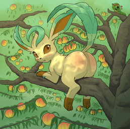 ambiguous_gender big_butt blush body_blush butt butt_blush butt_focus featureless_crotch feral food fruit gloves_(marking) leg_markings looking_at_viewer markings peach_(fruit) plant presenting presenting_hindquarters socks_(marking) yellow_body conditional_dnp ekayas nintendo pokemon caterpie eeveelution generation_1_pokemon generation_4_pokemon leafeon pokemon_(species) hi_res