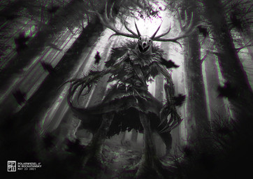 ambiguous_gender antlers bone branch clothed clothing fingers forest forest_background horn long_fingers nature nature_background plant skull skull_head solo tree m.rockatansky the_witcher the_witcher_3:_wild_hunt the_leshen deer humanoid leshen mammal 2021 2022 dated digital_media_(artwork) monochrome