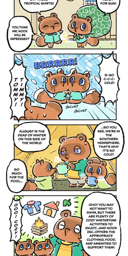 anthro bedding blanket blue_eyes bodily_fluids bonfire bottomwear brown_body brown_fur calendar chibi clock clothing cold container cup eyes_closed fur group huddling humor identical_twins knapsack looking_at_another male mug scarf shirt snow speech_bubble sweat sweatdrop talking_to_another tent text title topwear trio cho_hanayo animal_crossing nintendo timmy_nook tom_nook_(animal_crossing) tommy_nook canid canine mammal raccoon_dog tanuki absurd_res comic english_text hi_res brother_(lore) brothers_(lore) nephew_(lore) sibling_(lore) twins_(lore) uncle_(lore) uncle_and_nephew_(lore)