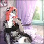 anthro bandage bed bedroom bedroom_eyes blue_eyes clothing female fur furniture grey_body grey_fur hair lingerie narrowed_eyes on_bed red_hair seductive solo white_body white_fur kaurimoon ess_(smileeeeeee) felid leopard mammal pantherine 1:1 hi_res