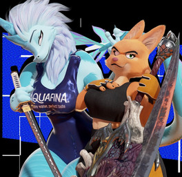 anthro blue_body blue_fur clothing crop_top curvy_figure duo female fur hair long_hair looking_at_viewer melee_weapon one-piece_swimsuit orange_body orange_fur shirt simple_background smile standing swimwear sword topwear voice_actor_joke voluptuous voluptuous_anthro voluptuous_female weapon wide_hipped_anthro wide_hipped_female wide_hips anaroth twilightv0ids_(modeler) aquafina disney dreamworks mythology raya_and_the_last_dragon the_bad_guys diane_foxington sisu_(ratld) canid canine dragon fox mammal mythological_creature mythological_scalie scalie 3d_(artwork) 3d_model_showcase digital_media_(artwork) hi_res