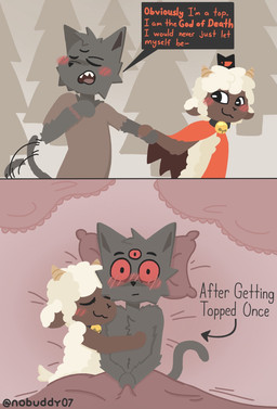 3_eyes after_sex afterglow ambiguous_gender anthro arm_scar bed bedding bell bell_collar black_body black_fur black_nose blanket blanket_only blush blushing_profusely bottomless brown_body brown_clothing clasped_hands cloak cloak_only clothed clothing collar cuddling dialogue duo eyes_closed fluffy fur furniture hand_holding hand_on_chest head_on_pillow head_on_shoulder horn lying male male/male multi_eye nude nude_anthro nude_male offscreen_sex on_back open_mouth pillow plant red_cloak red_clothing red_eyes red_sclera scar shirt shirt_only sleeping smile speech_bubble standing tail tail_motion tailwag text topwear topwear_only tree tunic walking white_body white_fur wide_eyed wool_(fur) yellow_horn nobuddy cult_of_the_lamb massive_monster_(studio) lamb_(cult_of_the_lamb) narinder red_crown_(cult_of_the_lamb) bovid caprine domestic_cat felid feline felis mammal sheep comic english_text hi_res multiple_scenes