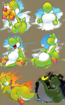 ambiguous_gender belly big_belly bodily_fluids burping butt butt_expansion digestion digestion_sequence duo expansion fatal_vore gluteal_fold neck_bulge null presenting shake_lines smile smirk sweat tail tail_bulge tail_expansion vore weight_gain mienvian third-party_edit mario_bros nintendo koopa scalie yoshi hi_res