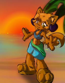 3_toes 4_fingers anthro beach chest_tuft clothed clothing electronics feet female fingers footwear headphones looking_at_viewer midriff plant sand sandals sea seaside shoes solo sun sunset toes tree tuft water yellow_eyes susake_kes coco_(susake_kes) felid feline mammal low_res