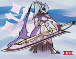 anthro armor blue_eyes female greatsword grey_hair hair purple_body solo kreiser_vii capcom monster_hunter salvia_carhina fish leviathan_(mh) mackerel_shark marine mizutsune shark thresher_shark