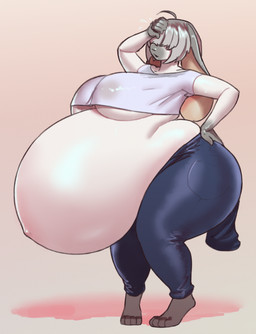 4_toes 5_fingers ahoge anthro belly big_belly big_breasts bodily_fluids bottomwear breasts clothed clothing denim denim_bottomwear denim_clothing feet female fingers fur grey_body grey_fur grey_hair hair hair_over_eyes hand_on_hip hand_on_own_head hand_on_own_hip huge_belly huge_breasts hyper hyper_belly hyper_pregnancy jeans long_ears long_hair midriff multicolored_body multicolored_fur pants pregnant shirt solo sweat sweatdrop t-shirt thick_thighs toes topwear two_tone_body two_tone_fur odisia lagomorph leporid mammal rabbit 2025 hi_res