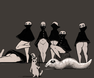 ambiguous_gender anthro black_eyes black_sclera bottomless bottomless_humanoid butt clothed clothing feral group holding_melee_weapon holding_object holding_weapon looking_at_viewer lying melee_weapon monotone_background on_front polearm pupils simple_background spear weapon white_body white_eyes meandraco rain_world videocult alien humanoid slugcat worm 2023 hi_res
