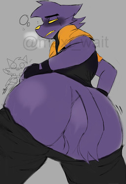 anthro aroused big_butt black_clothing black_gloves black_handwear bodily_fluids bottomwear bottomwear_down breath bubble butt clothed clothing desperation drunk drunk_bubble duo femboy fur gloves handwear in_heat male male/male orange_eyes panting pants pants_down partially_clothed purple_body purple_fur removing_pants substance_intoxication sweat sweaty_butt thick_thighs anonrobot maxi_wait gameboycat street_catz game_(street_catz) rox_(street_catz) felid feline mammal hi_res