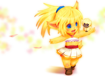 anthro bandeau blonde_hair blue_eyes bottomwear clothing female fur hair jewelry kemono necklace skirt topwear yellow_body yellow_fur young young_anthro young_female tetetor-oort checa_(tetetor-oort) 2011 japanese_description
