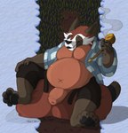 anthro balls big_balls bottomwear brown_body clothed clothing facial_markings foreskin front_view fur genitals head_markings holding_object huge_balls hyper hyper_balls hyper_genitalia long_foreskin looking_at_viewer male markings multicolored_body multicolored_fur open_bottomwear open_clothing open_pants overweight overweight_male pants pawpads paws penis pipe robe screencap screencap_background sitting sitting_on_balls sitting_on_own_balls slightly_chubby smoke smoking smoking_pipe solo thick_penis tight_foreskin unretracted_foreskin sillywerwolf vampire_survivors mccoy-oni canid canine mammal raccoon_dog tanuki digital_media_(artwork) hi_res