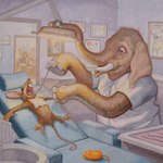 ambiguous_gender anthro biped clothing dentist detailed_background duo grey_body inside medical_instrument scientific_instrument shirt topwear joaquincarre elephant elephantid mammal murid murine proboscidean rat rodent 1:1 2021 gouache_(artwork) hi_res painting_(artwork) traditional_media_(artwork)