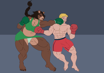 anthro athletic athletic_male athletic_wear big_breasts blonde_hair boxers_(clothing) boxing boxing_gloves braided_hair breast_punch breasts brown_body brown_hair bulge camel_toe clothed clothing competition detailed_bulge dominant dominant_anthro dominant_female duo female fight genital_outline hair handwear knockout long_hair male male/female musclegut muscular muscular_female penis_outline punch sexual_competition sexual_fight short_hair slightly_chubby sport thick_thighs underwear upskirt worried norsuiso bear brown_bear grizzly_bear human mammal ursine absurd_res hi_res