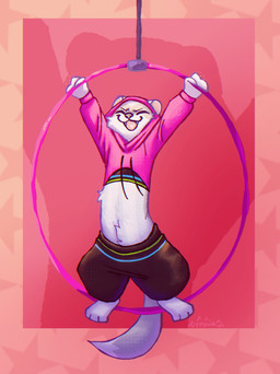 aerial_acrobatics aerial_hoop ambiguous_feral ambiguous_gender belly_tuft black_bottomwear black_clothing black_pants black_shirt black_topwear blowup_background bottomwear cheek_tuft clothed clothing cropped_hoodie cute_fangs dancewear dancing dipstick_tail eyes_closed facial_markings facial_tuft fangs feet feral front_view fully_clothed fur fur_markings furry_tail geometric_background grey_body grey_fur grey_markings grey_tail happy head_markings heart_in_mouth hood_up hoodie markings mask_(marking) midriff monotone_inner_ear monotone_markings multicolored_body multicolored_fur nose_markings open_mouth open_smile pants pattern_background pattern_bottomwear pattern_clothing pattern_pants pattern_shirt pattern_topwear paws pink_background pink_clothing pink_hoodie pink_inner_ear pink_mouth pink_nose pink_topwear rope semi-anthro shirt simple_background smile solo spotted_nose square_background streetwear striped_bottomwear striped_clothing striped_pants striped_shirt striped_topwear stripes tail tail_markings teeth topwear track_pants tuft two_tone_body two_tone_fur two_tone_tail white_body white_ears white_fur white_paws white_tail white_tuft scarecrowes_(artist) sunny_silver domestic_ferret european_polecat hybrid mammal mustelid musteline true_musteline weasel 2025 colored_sketch digital_media_(artwork) hi_res shaded signature sketch female_(lore)