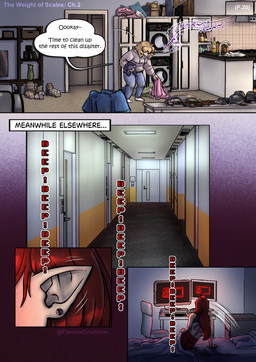back_tattoo blonde_hair clothing computer dialogue electronics female hair hallway hoodie humming messy_room not_furry office pointy_ears red_hair speech_bubble tattoo text topwear fanimal_creations the_weight_of_scales eli_(the_weight_of_scales) human humanoid mammal absurd_res comic english_text hi_res