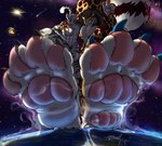 4_toes anthro barefoot big_feet claws clothed_male crush destruction duo earth feet foot_focus foot_on_planet fur hair long_hair macro male male/male muscular muscular_male outside pawpads paws planet size_difference space space_station star stomping terra_macro toes white_body white_fur kenson flammicus kenson_(character) cheetah domestic_cat felid feline felis hybrid liger lion mammal pantherine tiger absurd_res digital_media_(artwork) hi_res