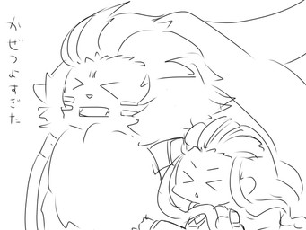 anthro duo female hair humor long_ears long_hair male ponytail_ears wind mkz_kabeuchi bandai_namco digimon digimon_ghost_game ruri_tsukiyono angoramon digimon_(species) human mammal 4:3 digital_drawing_(artwork) digital_media_(artwork) hi_res line_art monochrome