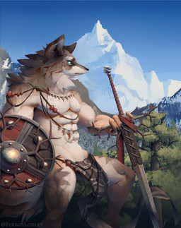 anthro bottomwear brown_body brown_fur clothing day detailed_background fluffy fur grey_body grey_fur holding_melee_weapon holding_object holding_shield holding_sword holding_weapon loincloth male melee_weapon mountain outside plant shield solo sword tree weapon white_body white_fur femurslemurs canid canine canis mammal wolf 2021