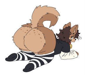 anthro big_butt black_nose brown_body brown_fur brown_hair bubble butt clothed clothing collar femboy footwear freckled_butt freckles fur hair legwear long_socks looking_at_viewer looking_back male pattern_clothing pattern_footwear pattern_legwear pattern_socks simple_background socks solo striped_clothing striped_footwear striped_socks stripes tail white_background yellow_eyes kibblekritterz canid canine canis domestic_dog mammal shiba_inu spitz